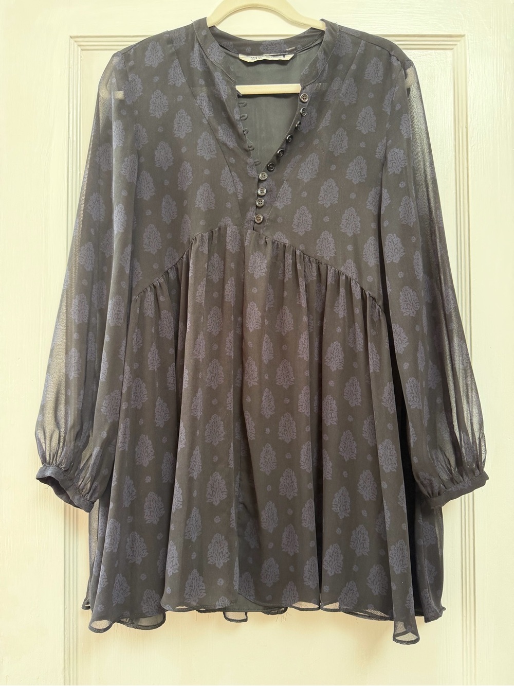 Zara Sheer Printed Peasant Tunic - Navy and Black